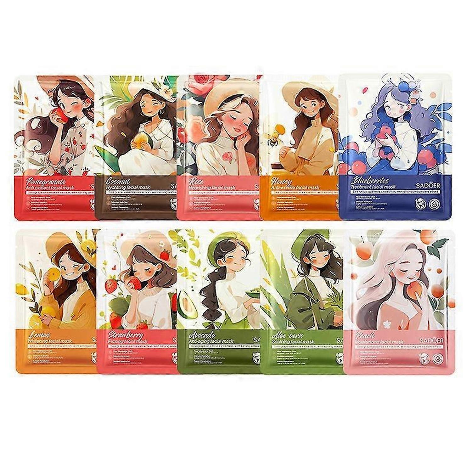 10パックハイドレイティングフェイシャルシートマスク、すべての肌タイプに対応する保湿スキンケアエッセンスフェイスマスク、ナチュラルナリッシュトリートメントフェイシャルマスクセット