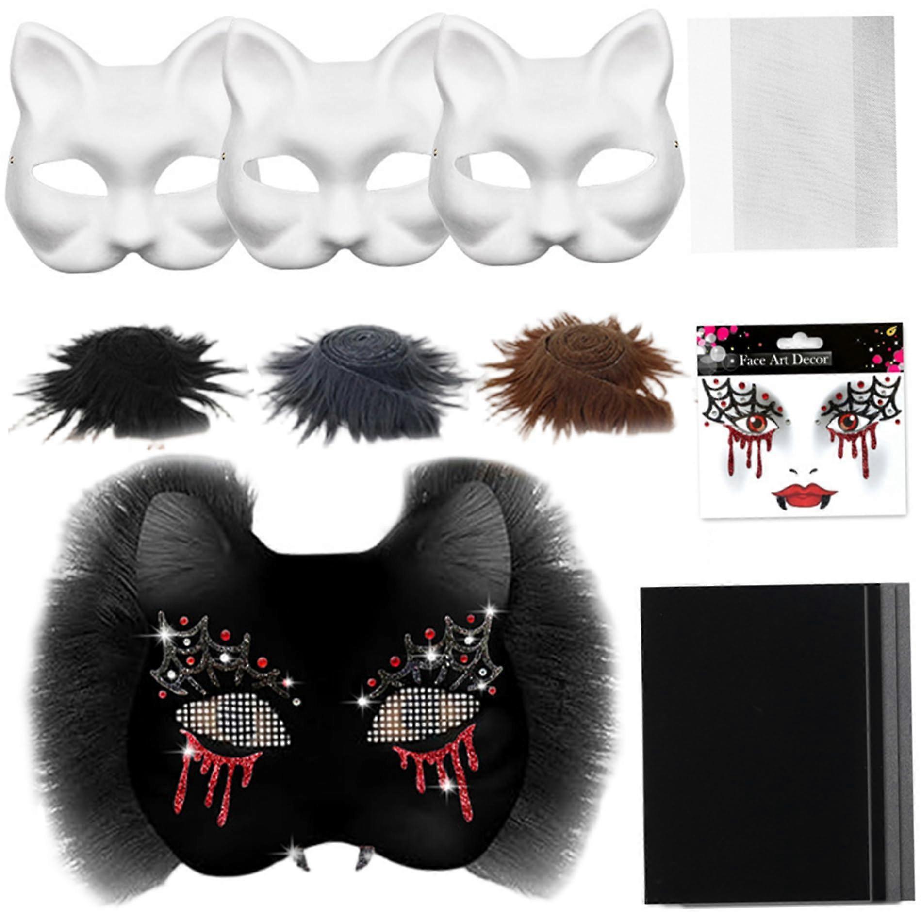 DIY Blank HalfFace Cat Mask with Felt, Plush Fur, Eye Mesh, Cosplay, Black