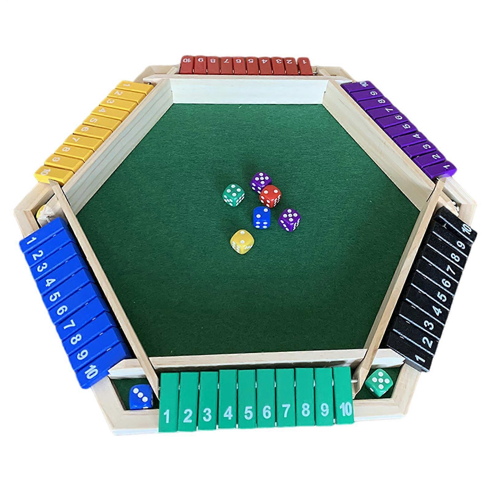 Shut The Box Dice Game – classic wooden pub game, waterproof, multiplayer roll box with 12 tiles, dice set for 6 players. Six colors.