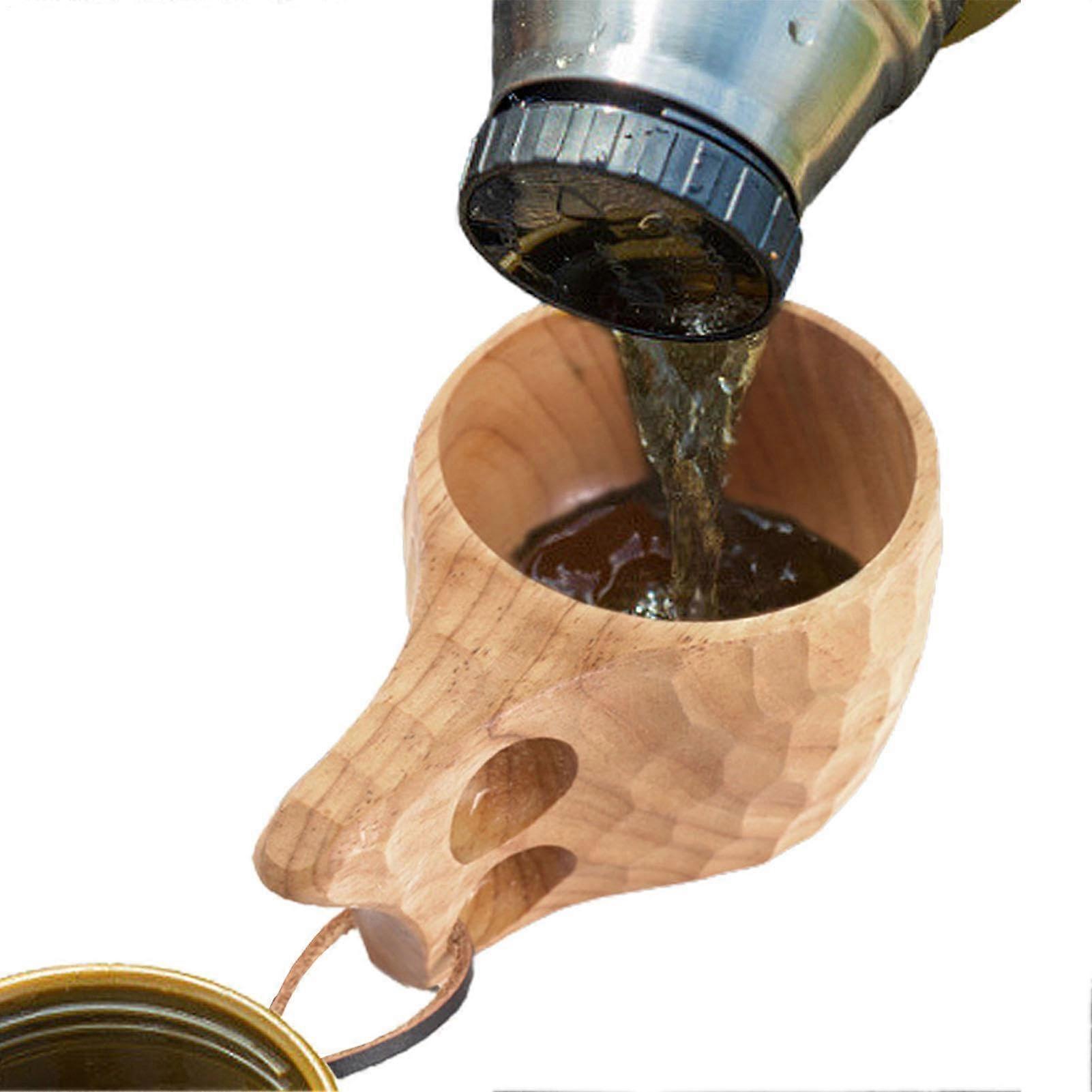 Handmade rubber tree wood mug with carrying strap – ideal for hiking, camping, and survival trips.
