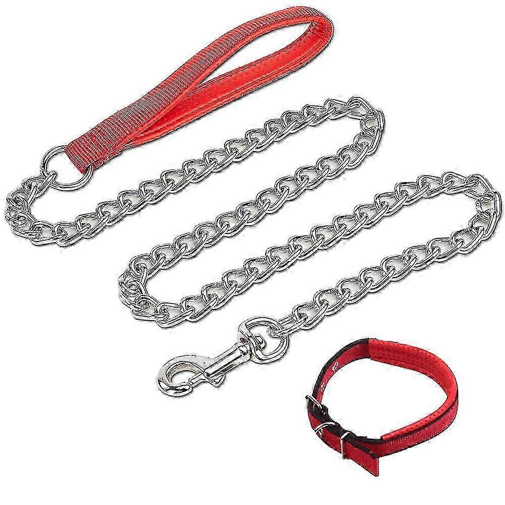 Durable Anti-Chew Chain Link Dog Leash with Soft Padded Handle for Medium & Large Dogs