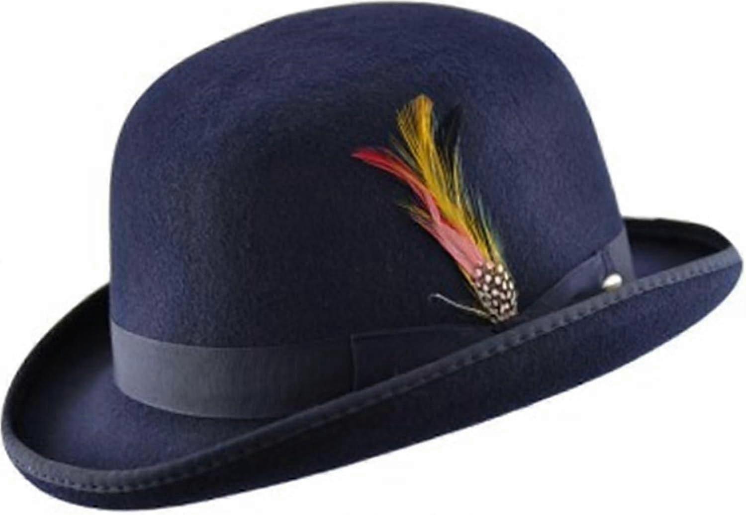Unisex Hard Top Wool Bowler Hat With Feather Satin Lined Sizes S To Xl