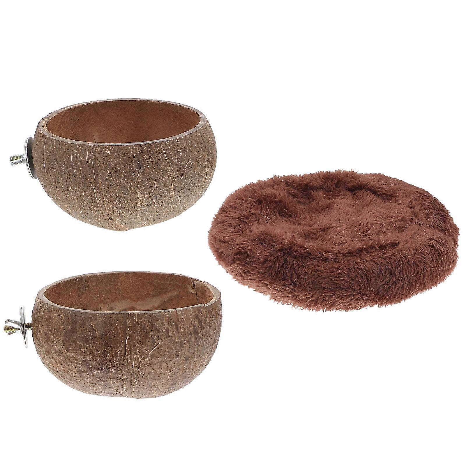 Brown Coconut Shell Feeder for Small Pets with Large Capacity and Deep Bottom to Keep Cage Clean