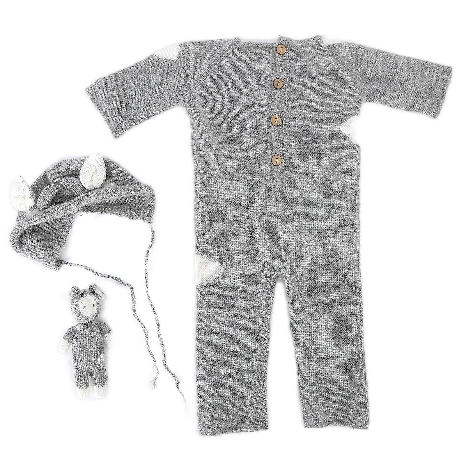 Newborn Photography Suit Soft Knitted Jumpsuit Hat Toy Photo Shoot Props Set for BabyGray