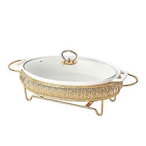 Oval Ceramic Chafing Dish Buffet Set with Glass Lid and Fuel Holder for Buffets, Parties, Catering, Events, Gold, Gold, Gold