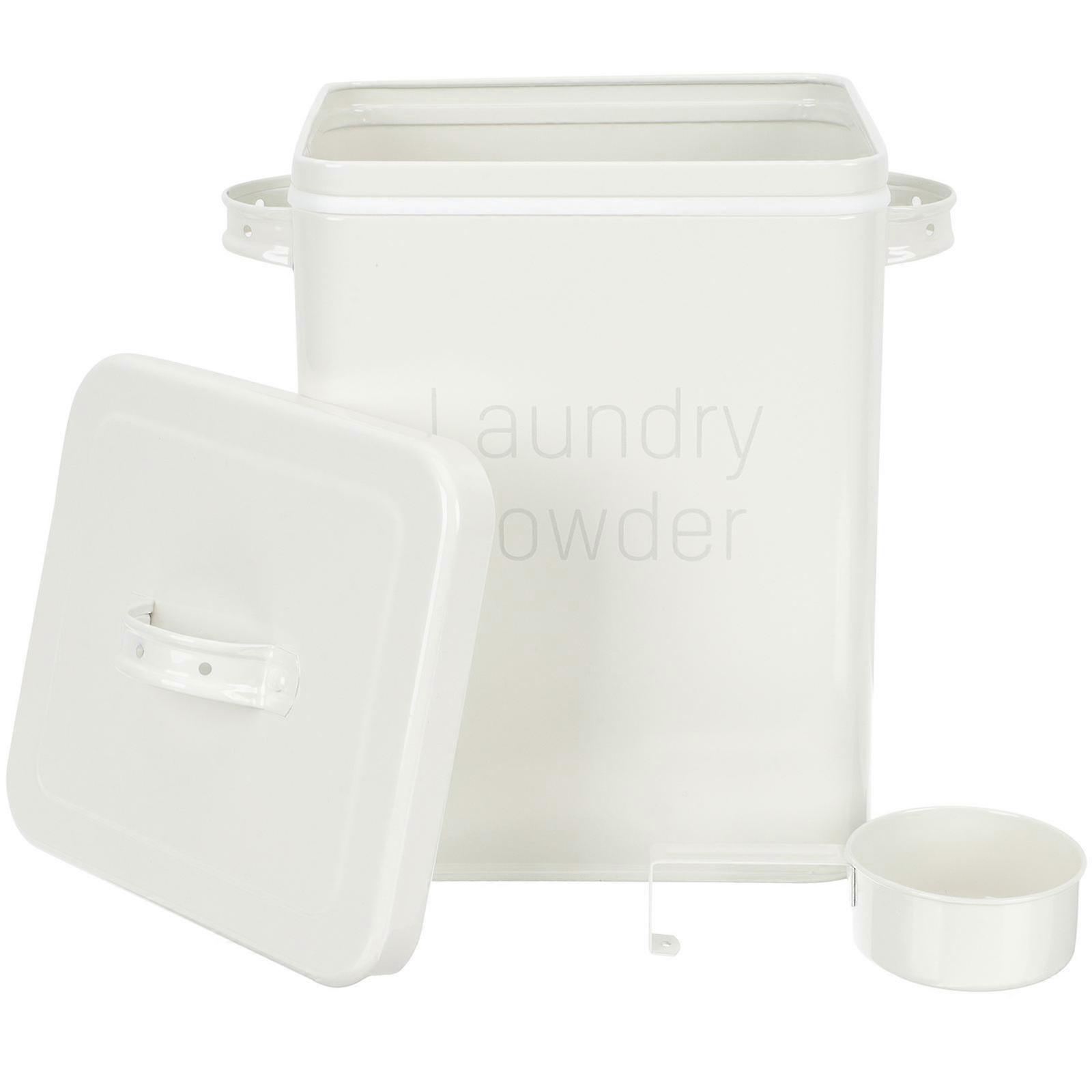 Durable White Iron Laundry Detergent Container with Scoop for Home Storage and Organization