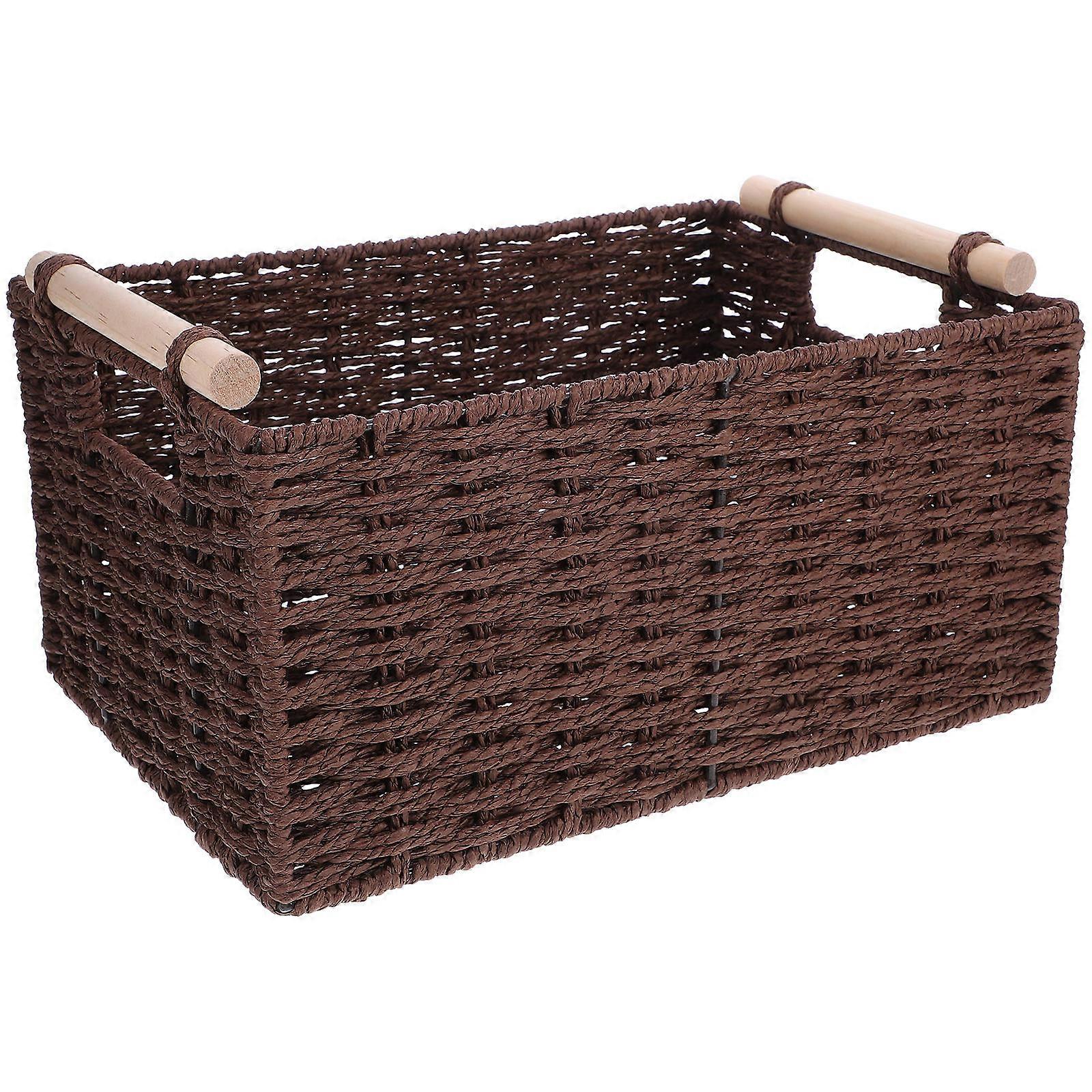 Coffee Woven Storage Basket with Wooden Handle for Home Organization 12.5 inches