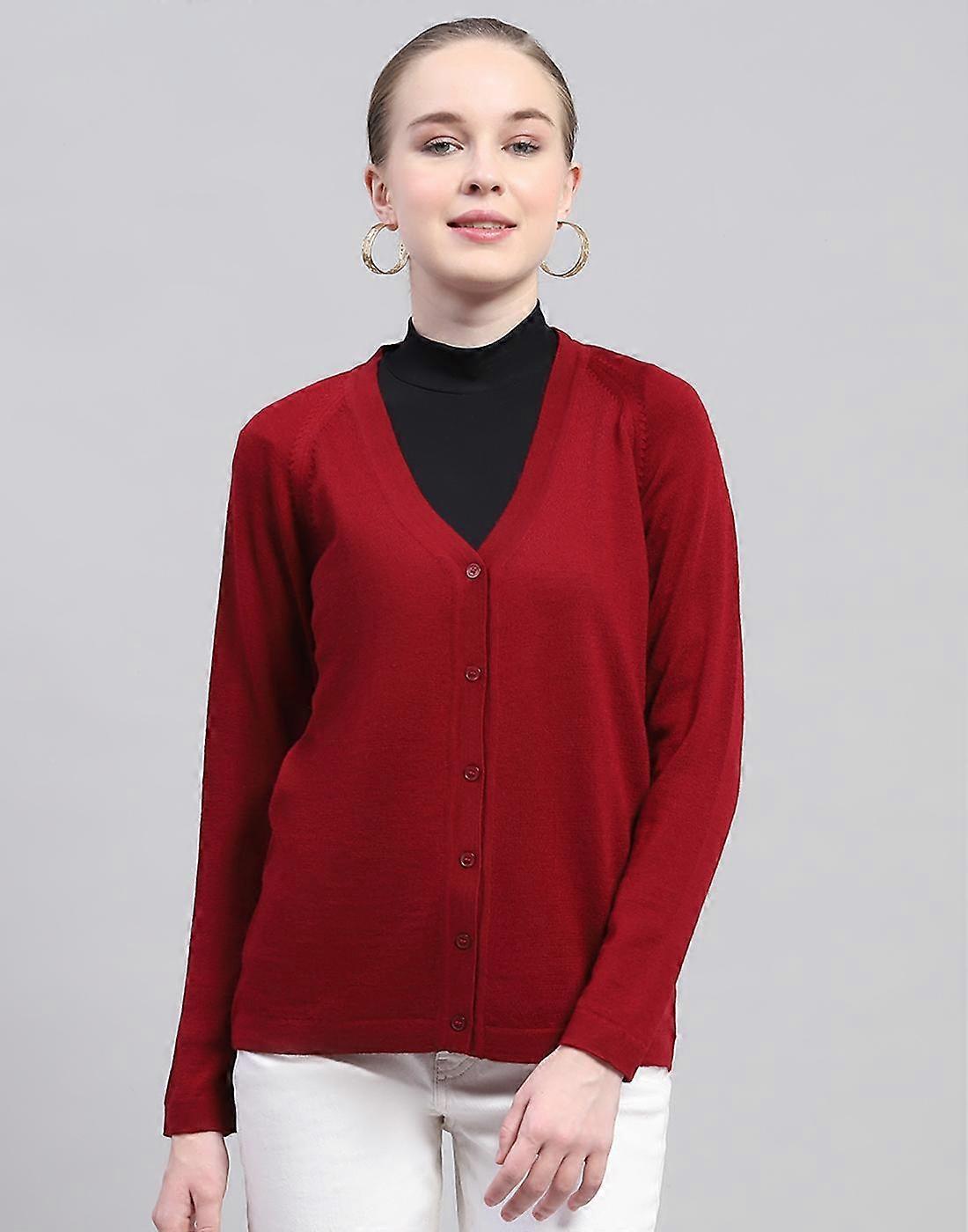 Monte Carlo Womens Solid Maroon V Neck Full Sleeve Cardigan