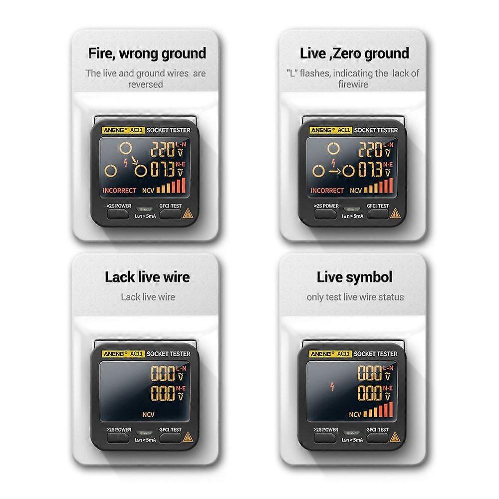 ANENG AC11 Socket Tester Electric Leakage Detector LCD Display Ground Wire Zero Line Live Wire Phase Multifunctional Electrical Electroscope RCD NCV E