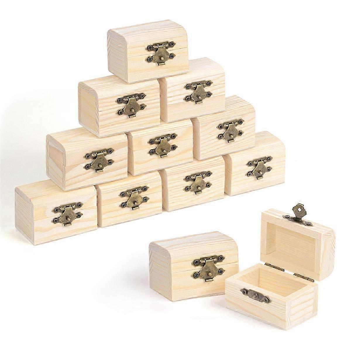 Pack of 12 Small Wooden Boxes with Hinged Lid for Storage, Made of Untreated Pine Wood