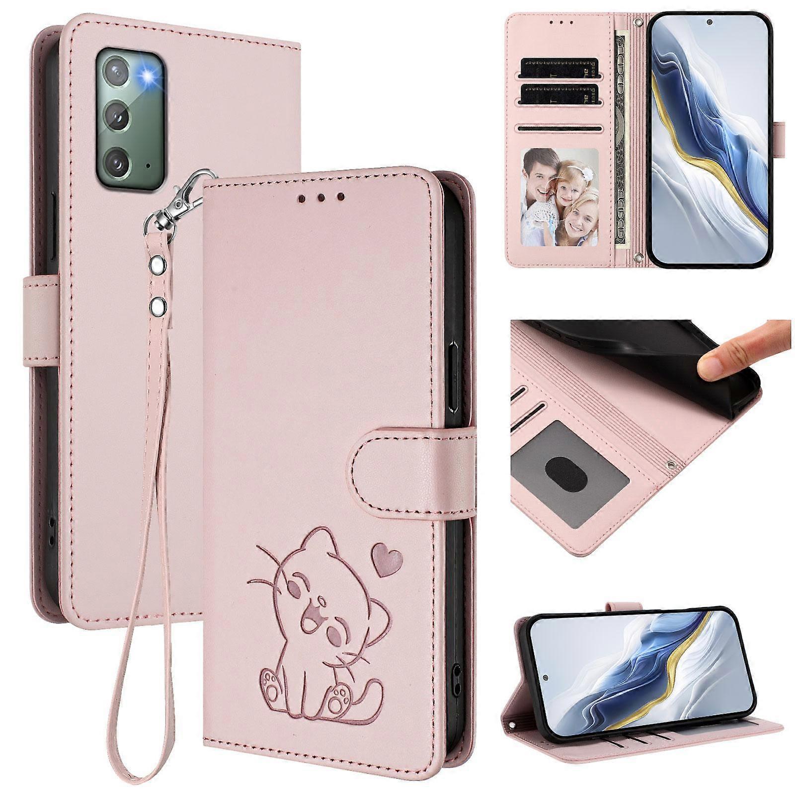 Embossed Heart Cat Leather Phone Case with Hand Strap
