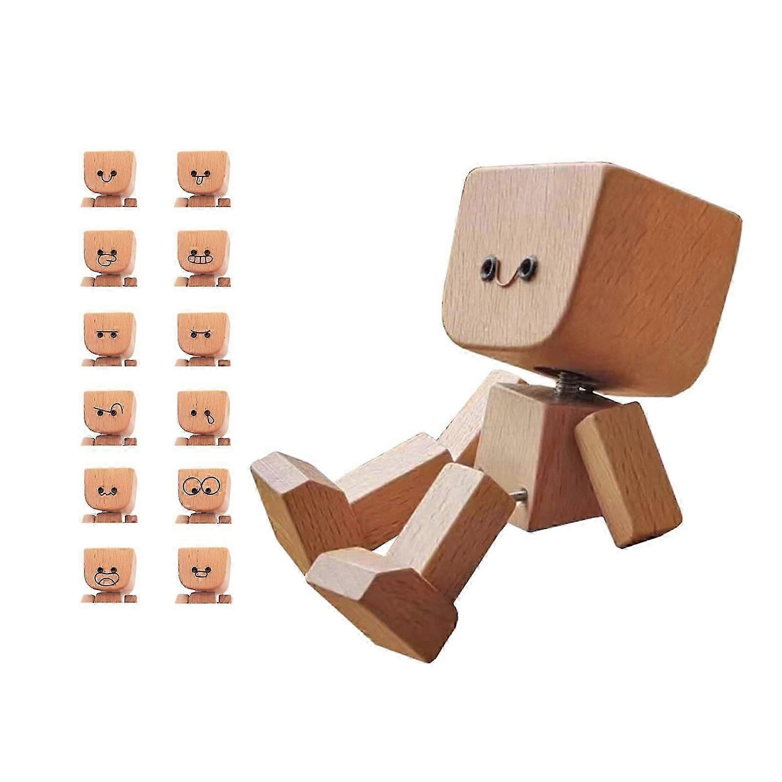 1/2 Sets Shaking Wooden Man Figurine with 12 Magnetic Expressions Handmade Shaking Feet Wooden Doll Car Dashboard Desktop Decoration
