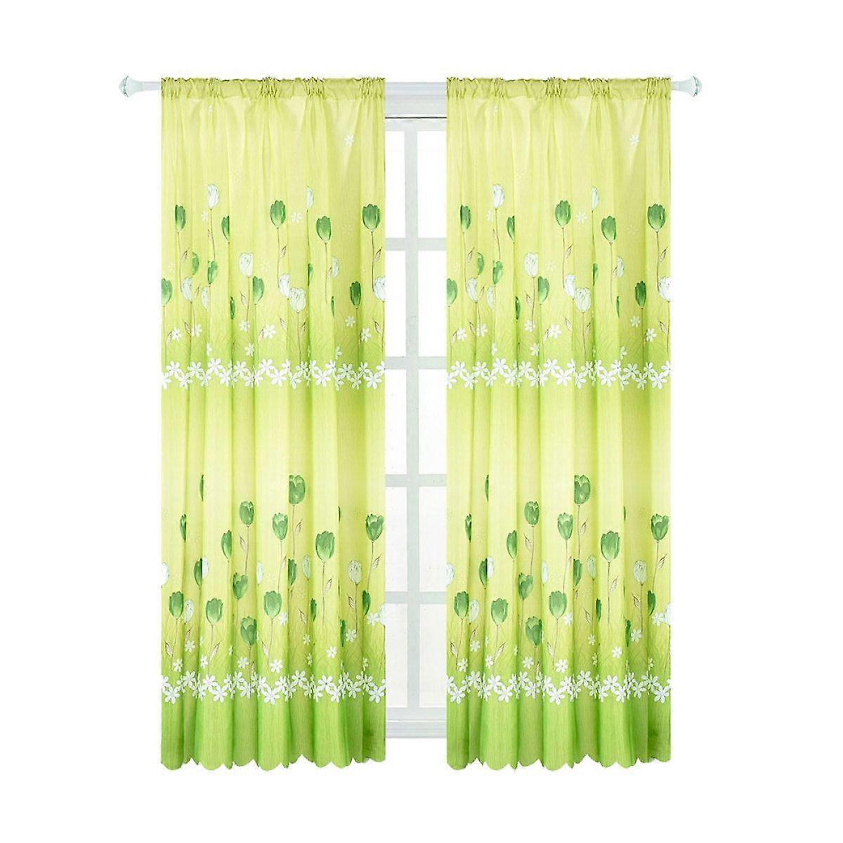 Southeast Asian Style Home Fashion Printed Tulip Short Curtain Breathable Window Curtain(Green)100 * 200cm
