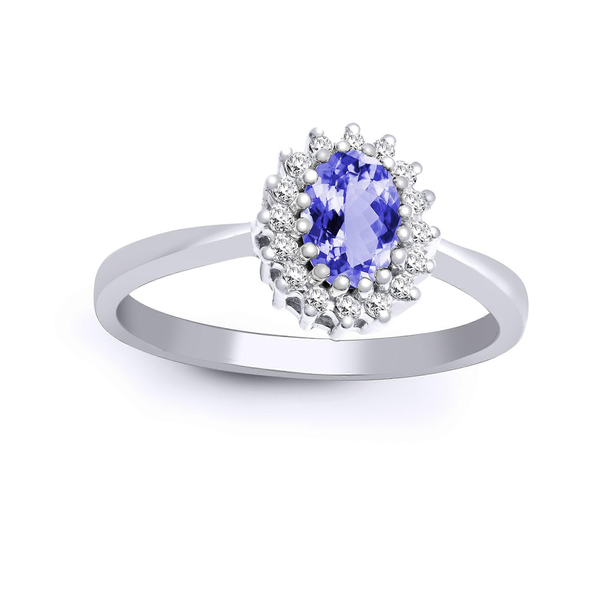 Jewelco London 9ct White Gold H I2 0.12ct Diamond Oval Lilac 0.55ct Tanzanite Classic Royal Cluster Ring 9mm