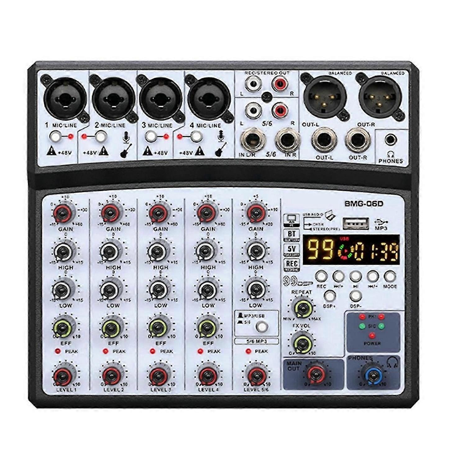 6 Channel Audio Mixer Portable Mixing Console USB Interface Sound Card with 99- 48V Phantom Power EU
