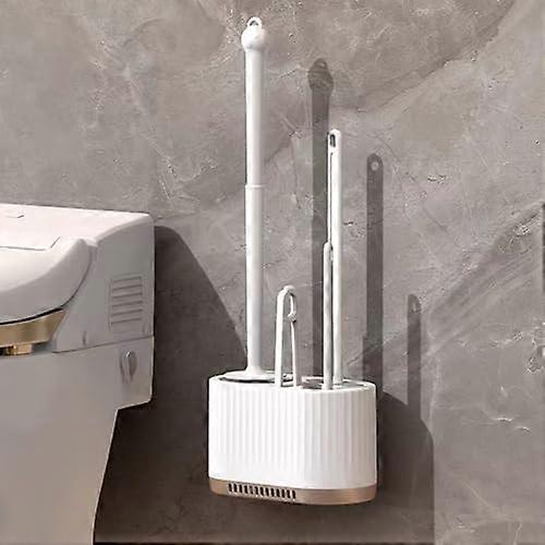 Toilet Brush 4Piece Set With Holder, Silicone DeepCleaner, AntiDrip Base, NoSlip Plastic Handle, Soft Bristles White