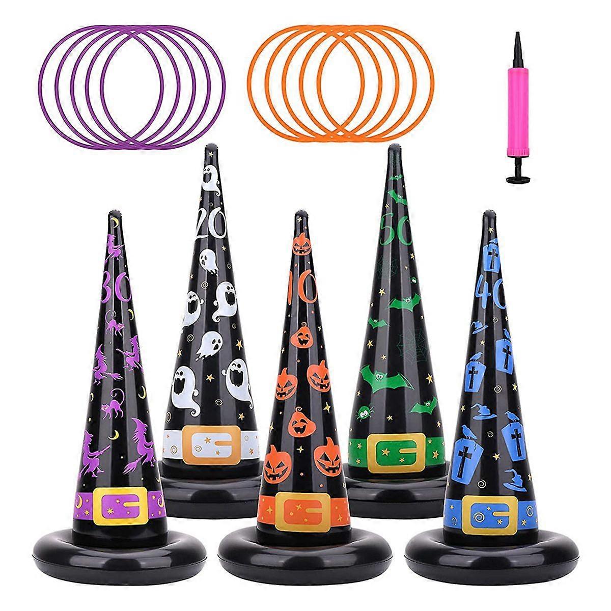 Halloween Games, Inflatable Witch Hat Ring Toss Game with Points, Plastic Ring Toss, Air Pump