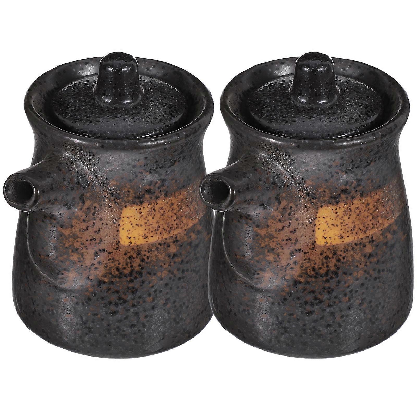 Soy Sauce Dispenser Ceramic Container for Storage Use 2Pcs Stylish Black Pot