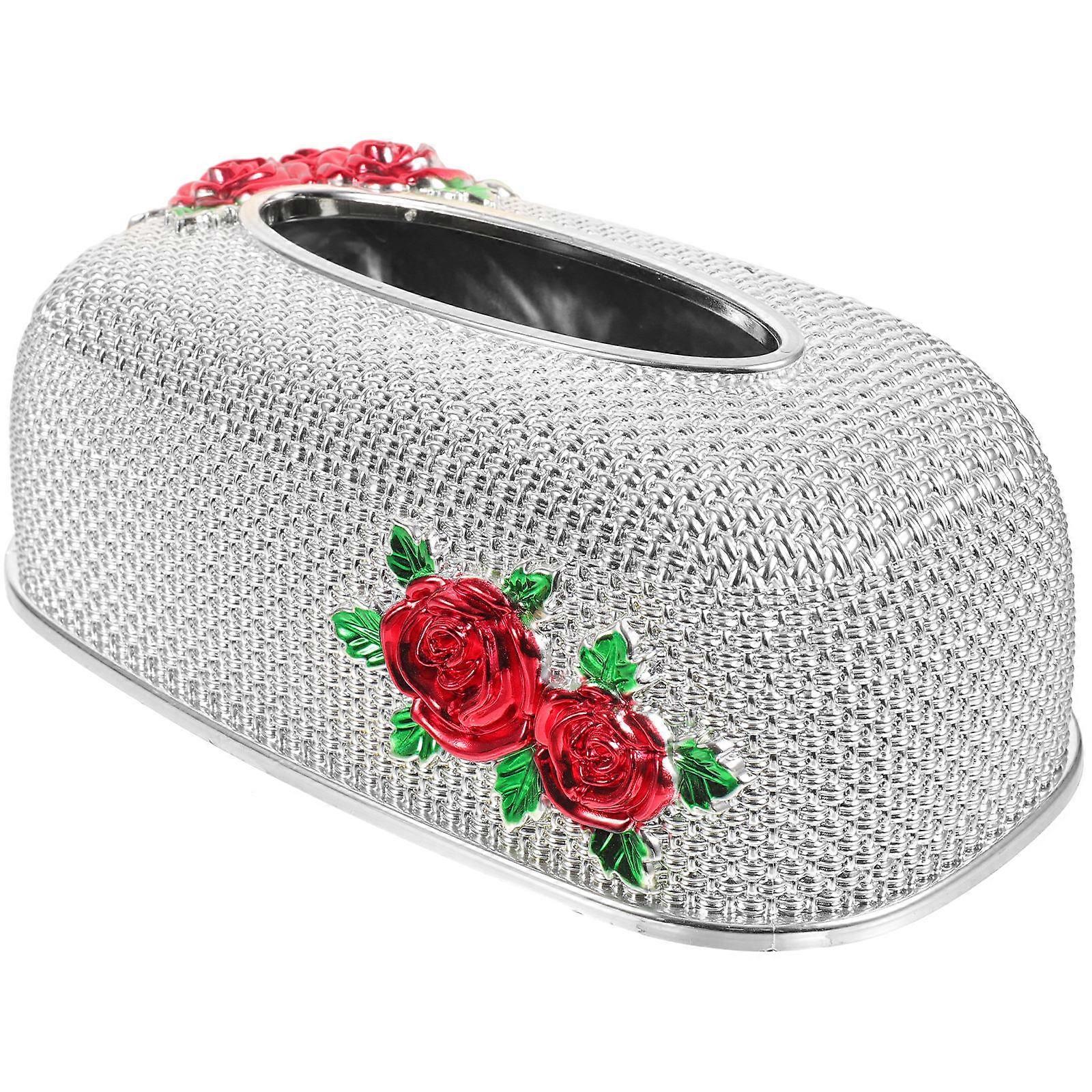 Rose Pattern Tissue Box Paper Holder for Home Silver Plastic