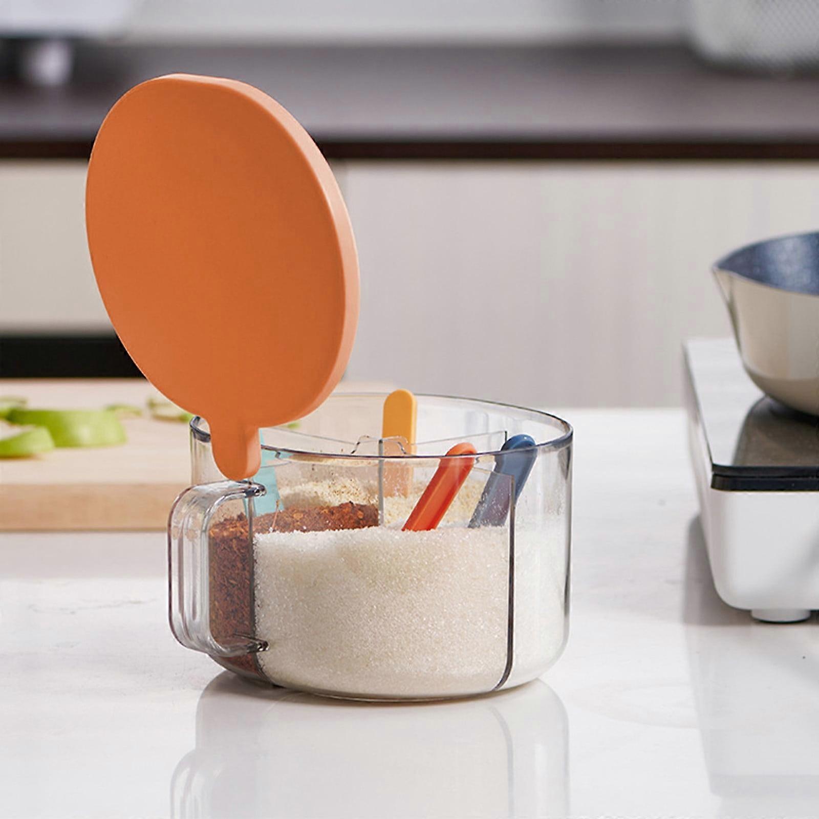 Fnyoxu Sealed Spice Jar with Spoon Combination Four Compartments Monosodium Glutamate Jar,Household Multi-compartment with Lid Storage Seasoning Jar