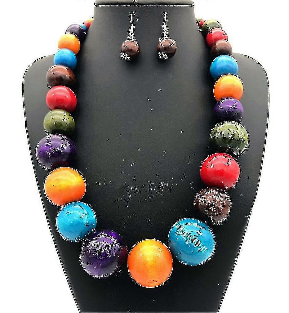 女性ネックレスセットエスニックカラフルな木製ビーズチェーン女性ネックレス誕生日プレゼント