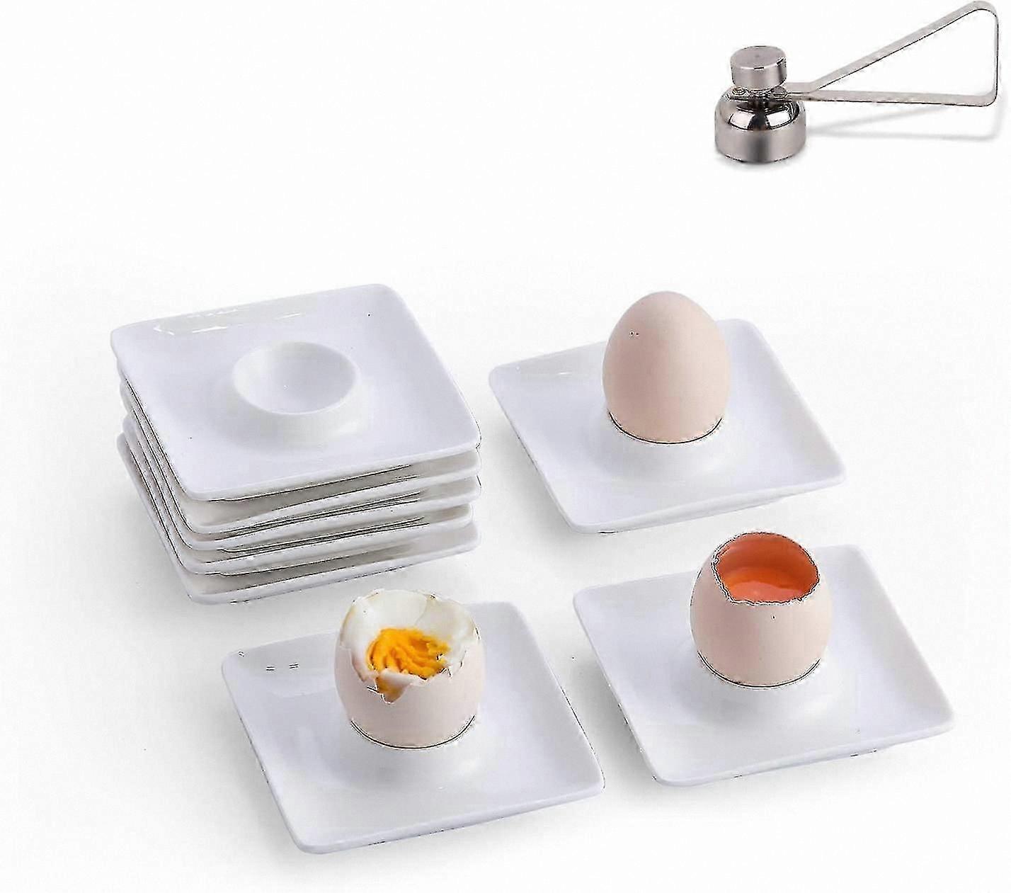 8-Piece Porcelain Egg Cup Set with Stainless Steel Cracker, White Ceramic Square Stands for Soft-Boiled Eggs