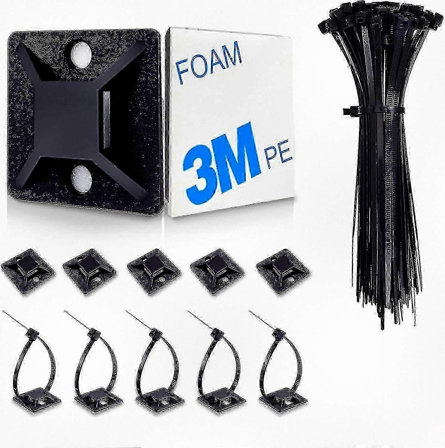 Cable Tie Mounts with Zip Ties - 100 Pack Black Wire Holders for Secure Cable Management and Wall Anchoring