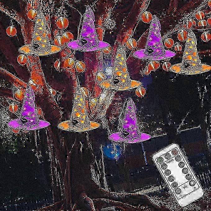 Halloween Decorations 8 Pcs Lighted Hanging Witch Hats, Led Hat With 8 Lighting Modes