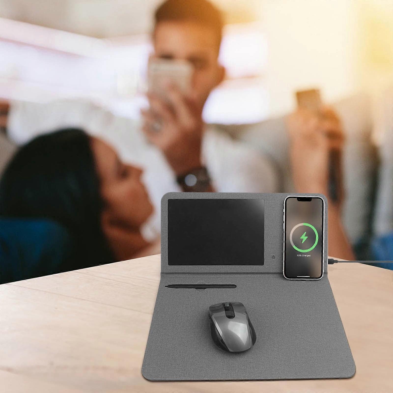 Desk Mouse Pad with Wireless Charger, compatible with iPhone & Samsung, 15W Fast Charging, Leather Surface, Built-in LCD Writing Tablet & Phone Stand