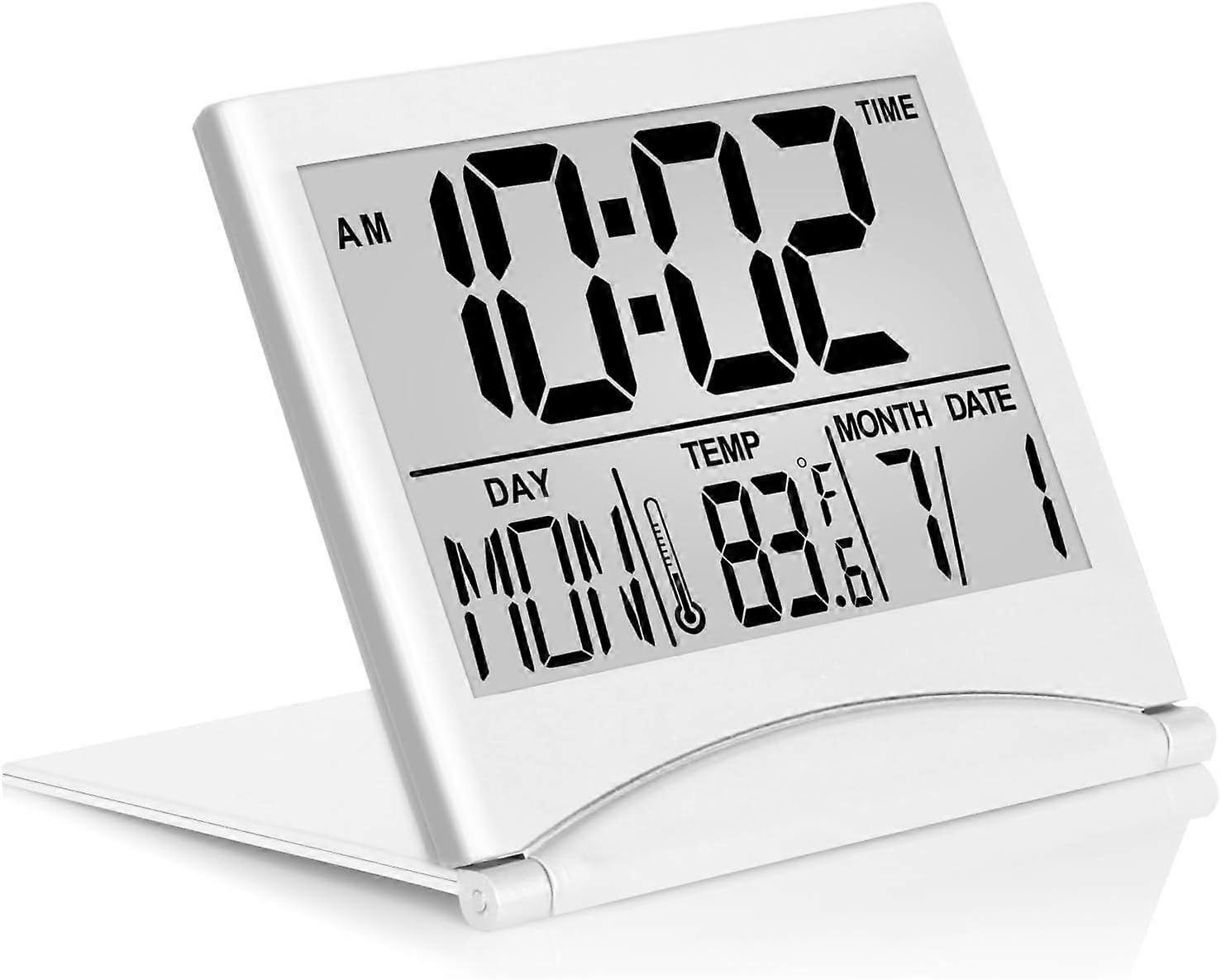 Digital Travel Alarm Clock - Foldable Calendar Temperature Timer LCD Clock with Snooze Mode