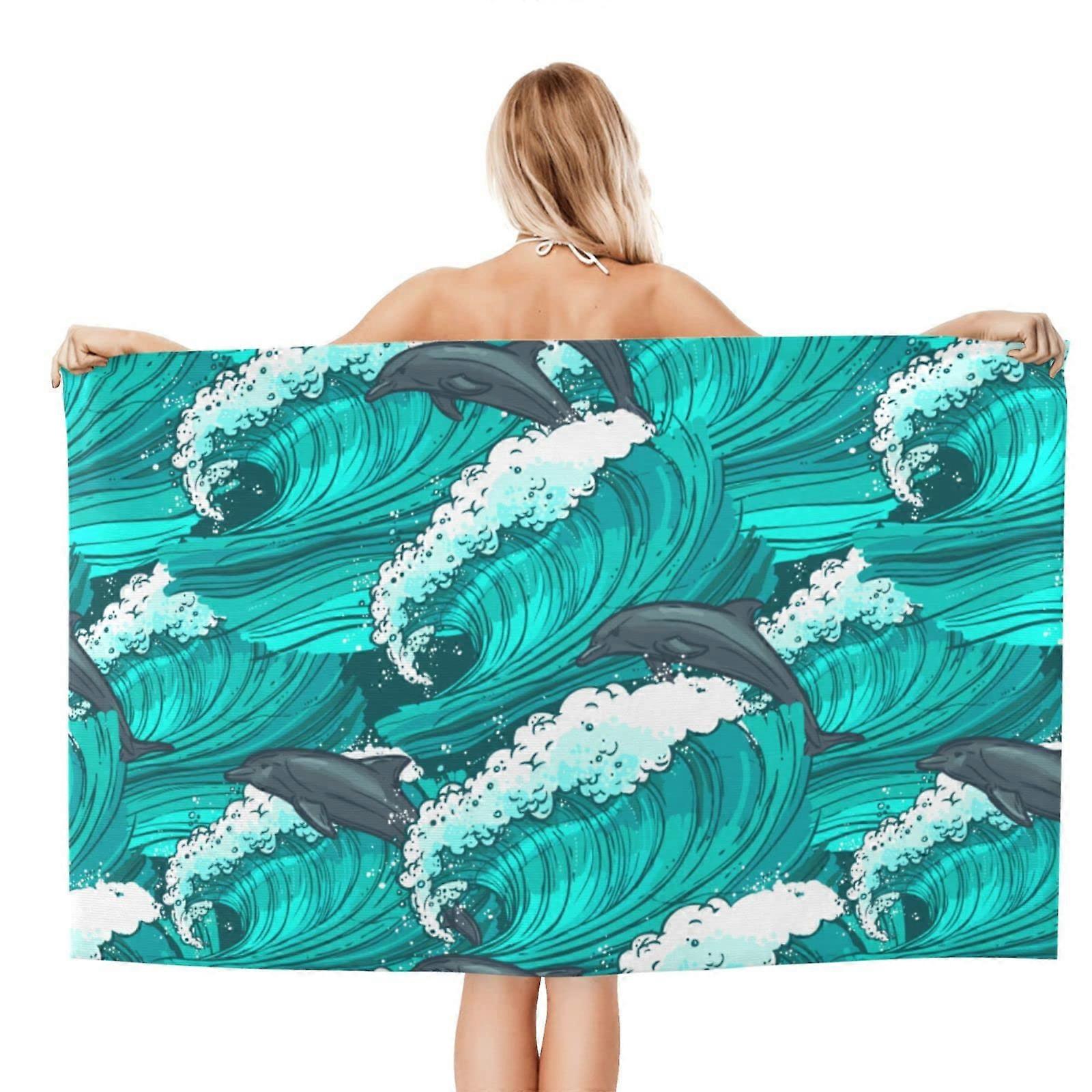 Large Quick Dry Bath Towel 32x52 Soft Absorbent Microfiber with Ocean Dolphin Pattern for Bathroom Gym Pool Spa