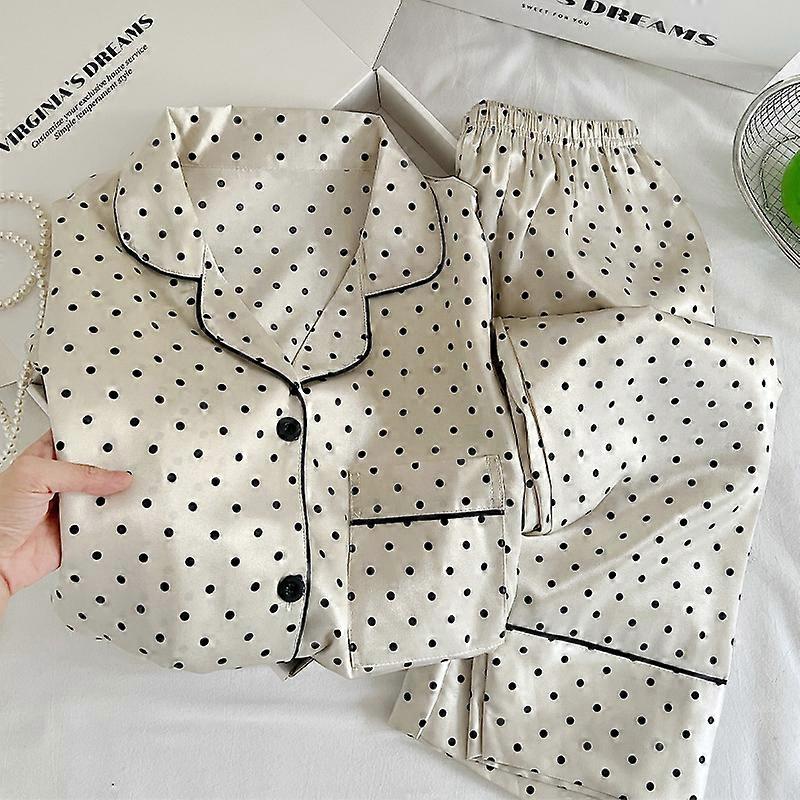 Pyjama minimaliste à pois pour femme : ensemble de vêtements d'intérieur haut de gamme effet soie pour le printemps/automne, manches longues, photo du produit réel