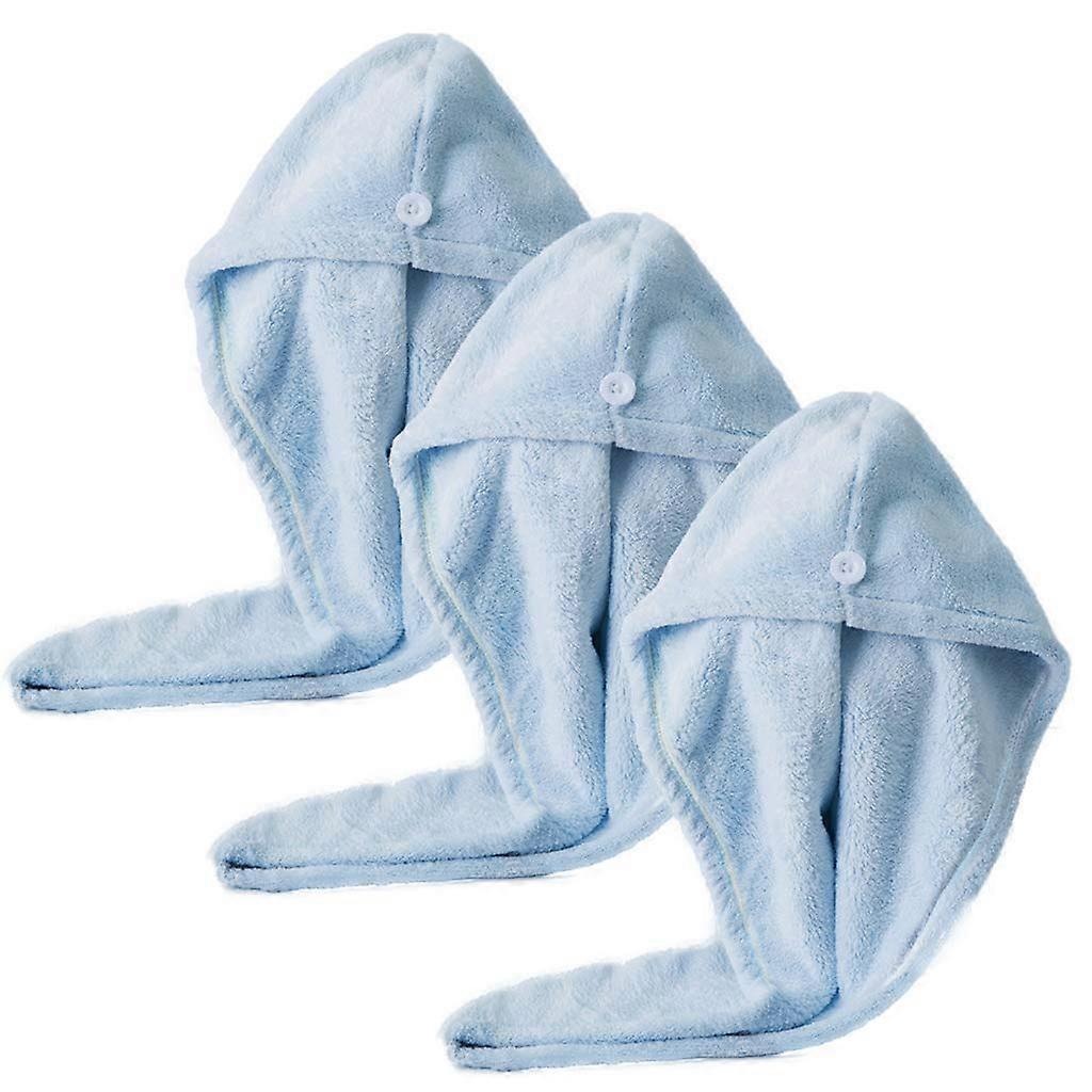 Microfiber Hair Towel Wrap with Button, Rapid Drying Light Blue, Fast Absorbing 3 Pack