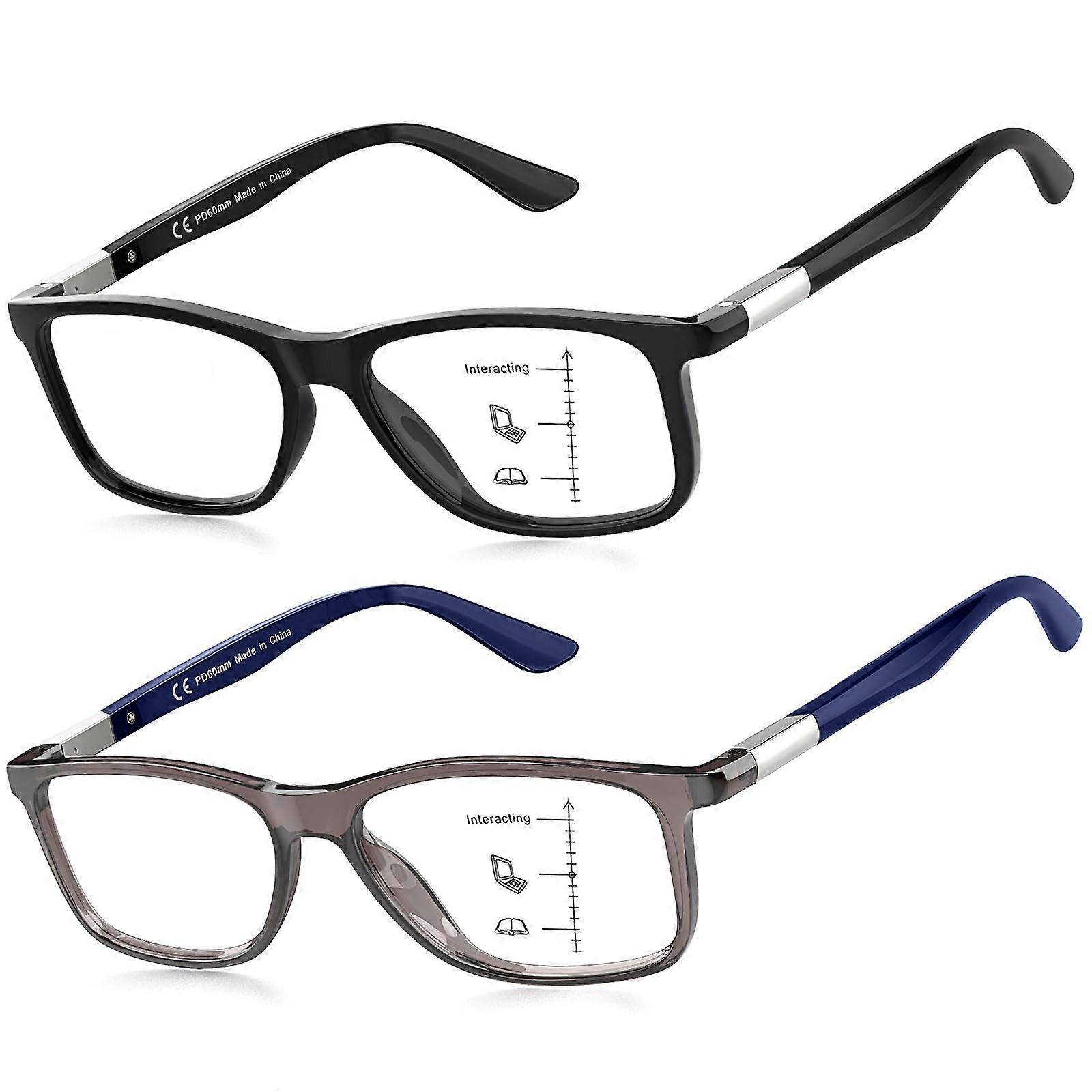 2 Pack Progressive Multifocus Reading Glasses Blue Light Blocking Spring Hinges for Men Women +1.25