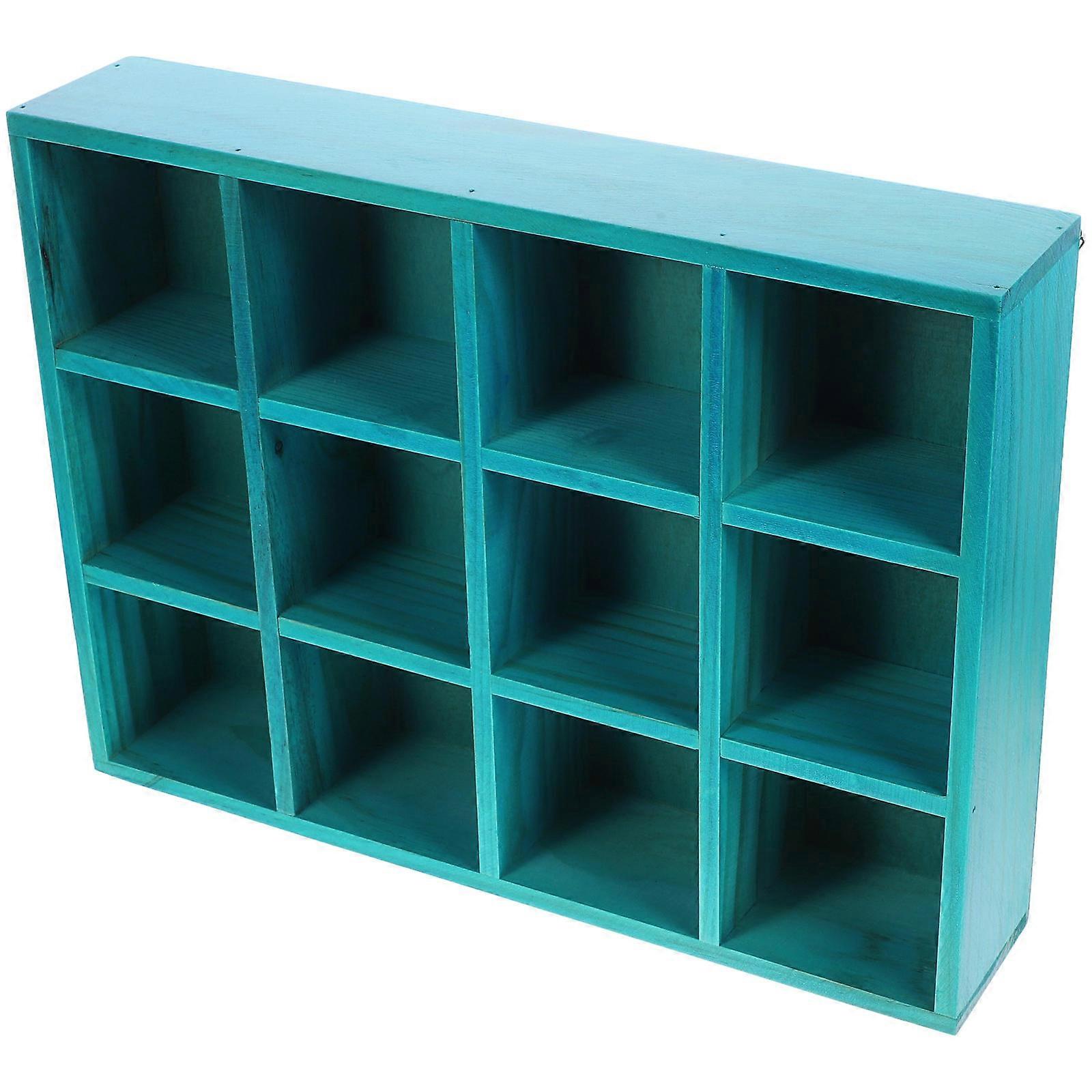 Blue Wood Wall Hanging Display Rack for Holding Stuff 12 Compartments