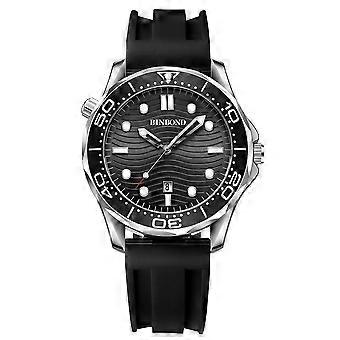 Lichtgevend, waterdicht herenhorloge met quartz uurwerk (30 m), stijl: zwart siliconen, wit staal, zwart
