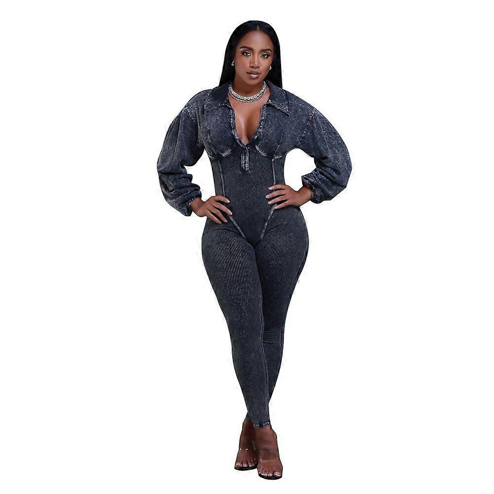 Women's V-Neck Lamb Sleeve Fitted Patchwork Jumpsuit For Fall And Winter