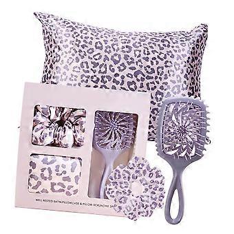 Soft Faux Leopard Print 3 In 1 Hair Brush Set with Hair Tie Pillowcase For Sensitive Scalp And Tropical Climates Multicolor