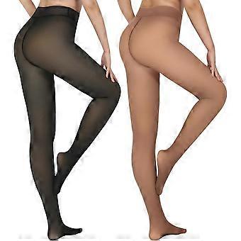 2 Pairs Fleece Lined Tights for Women, Thermal Pantyhose, Fake Translucent Skin Colored, for Winter, Black and Brown, X-Small