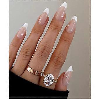 White French Tip Press on Nails medium Almond Nude Pink Fake Nails Press ons French Nail  Full Cover False Nails with Pearl Rhinestone Design 24Pcs