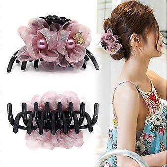 Women Plastic Hair Claw Banana Clips With Flower And Pearl French Design Accessories For Girls Womens Big Hairpin Barrettes Strong Grip (pink)