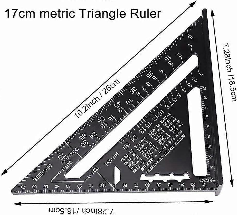 17cm Triangle Protractor Aluminum Alloy Carpenter Square Metric Triangle Professional Carpentry Angle Ruler Triangular Ruler with Protractor Measuring