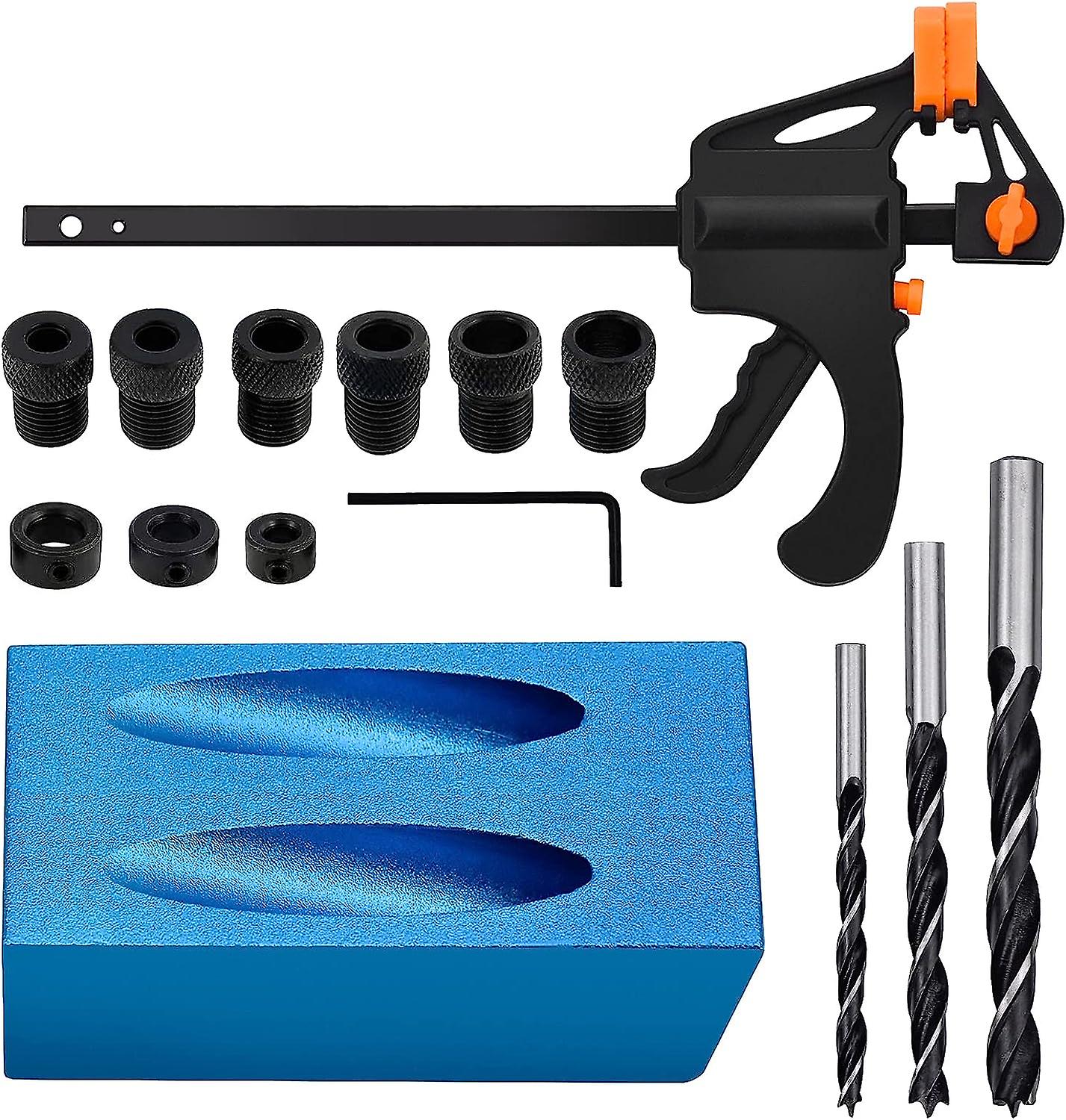 15 Pcs Drill Guide, 15° Oblique Drilling Jig Carpenter Positioner Pocket Hole Jig Kit with Adapter for 6/8/10 mm Hole