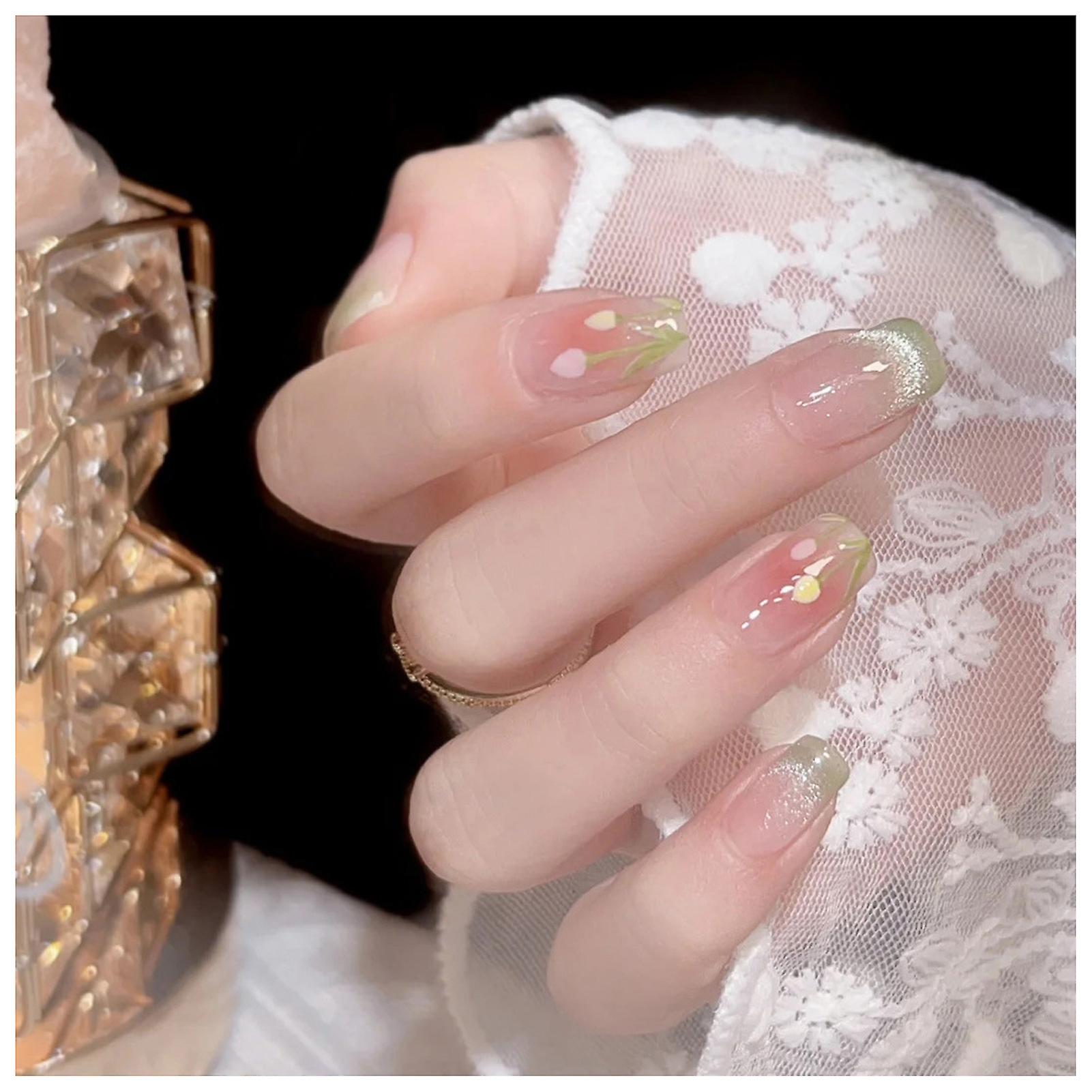 Tulip Flowers Stick On Nails Gentle Exquisite Static False Nails For Professional Art Nail Salon
