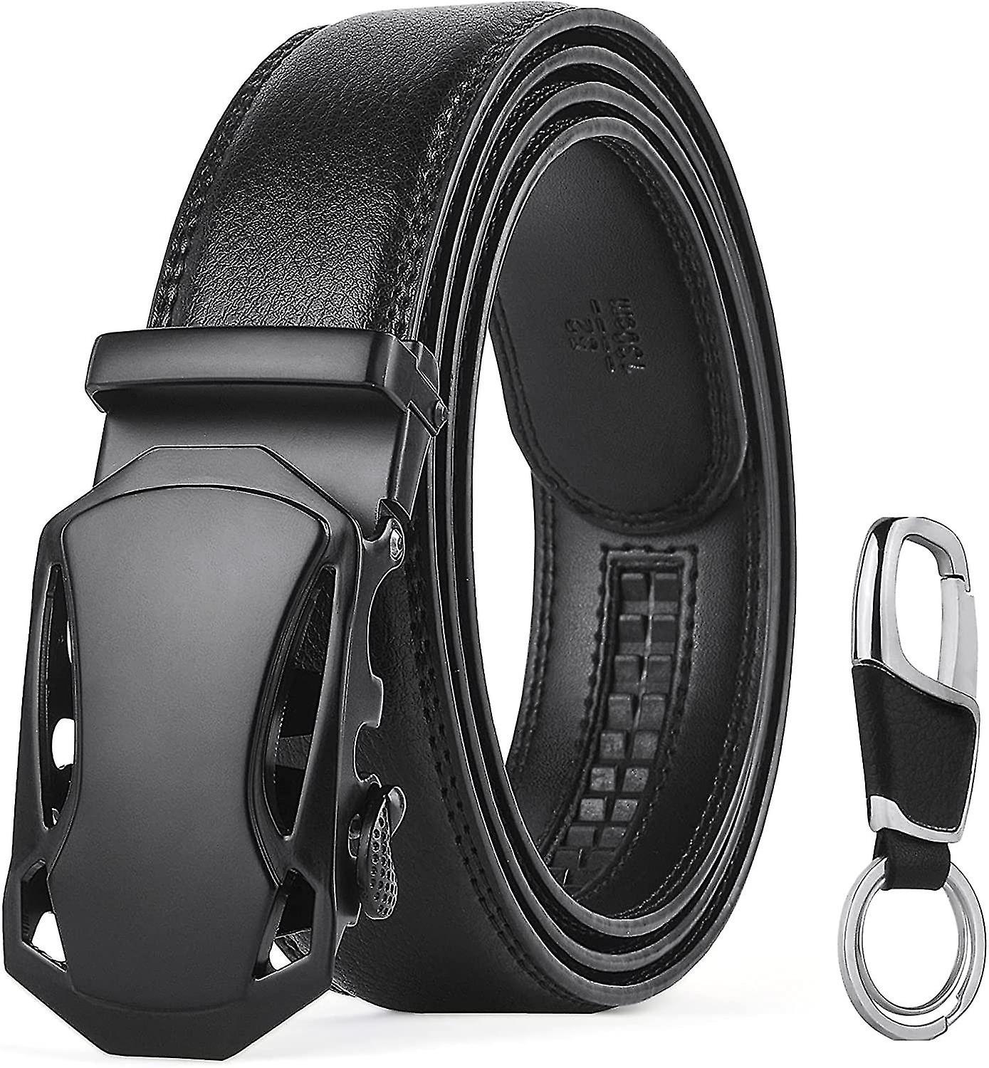 Mens Leather Belt, Automatic Buckle Leather Ratchet Belt 3.5cm * 125cm (keychain Gift Box Include)