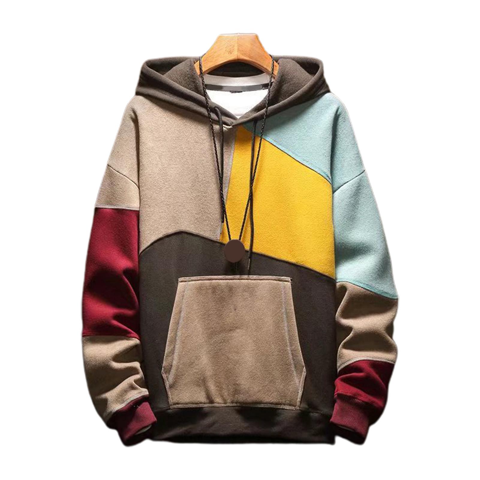 Men Autumn Hoodie Color Matching Thin Fleece Hooded Long Sleeves Oversized Keep Warm Big Pocket Casual Spring Hoodie