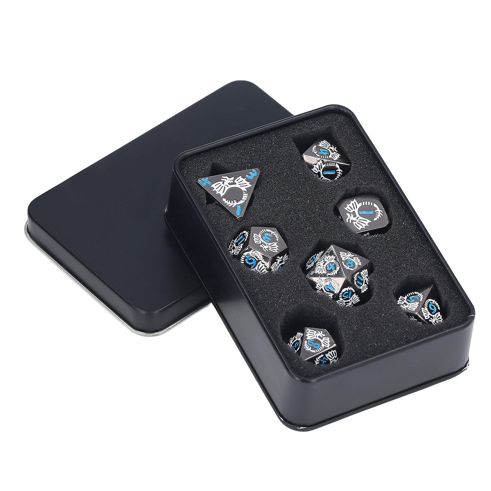 7-Piece Gray White Metal Polyhedral Dice Set with Storage Box