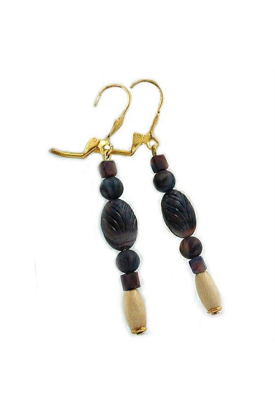 Leverback Earrings Plastic Bead Dark Wooden Beads Bright - Gl02157