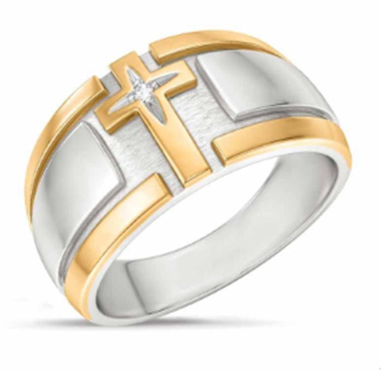 Electroplated Two Tone Cross Ring - Simple Cross Diamond Ring