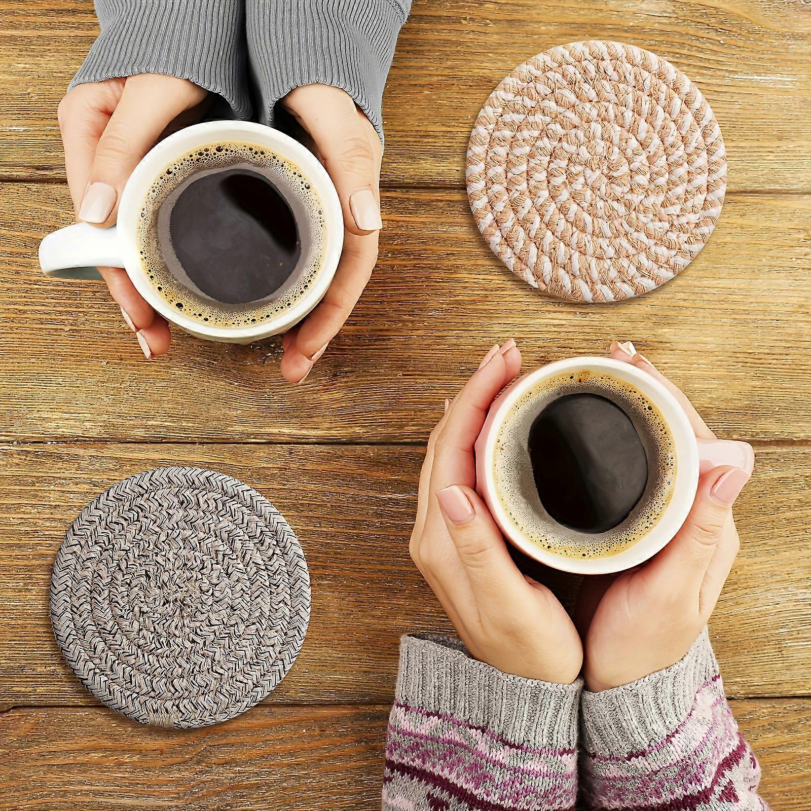 5pcsプレミアムラウンドファブリックコースター - キッチンテーブル用のスタイリッシュなコットンロープ織り断熱マット、用途の広いプレート、カップ&ポットマット - ハンギングホームデコ